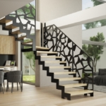 Schody Neolama - drewniane schody z metalową poręczą